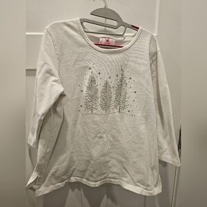 Quacker Factory XL Holiday Embellished Top White Rhinestone Christmas Trees